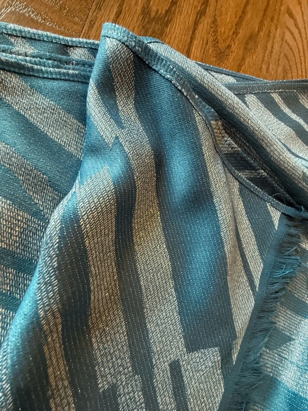 Calvin Klein Teal and Silver geometric Zebra-Stripe Wrap Scarf
